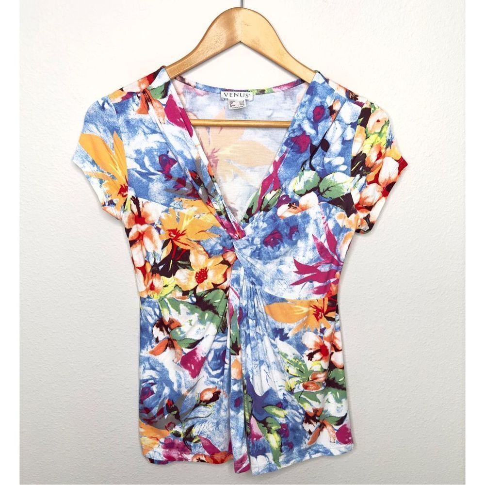Venus Womens Multicolor V Neck Front Knotted Stretch Floral Blouse Top Small